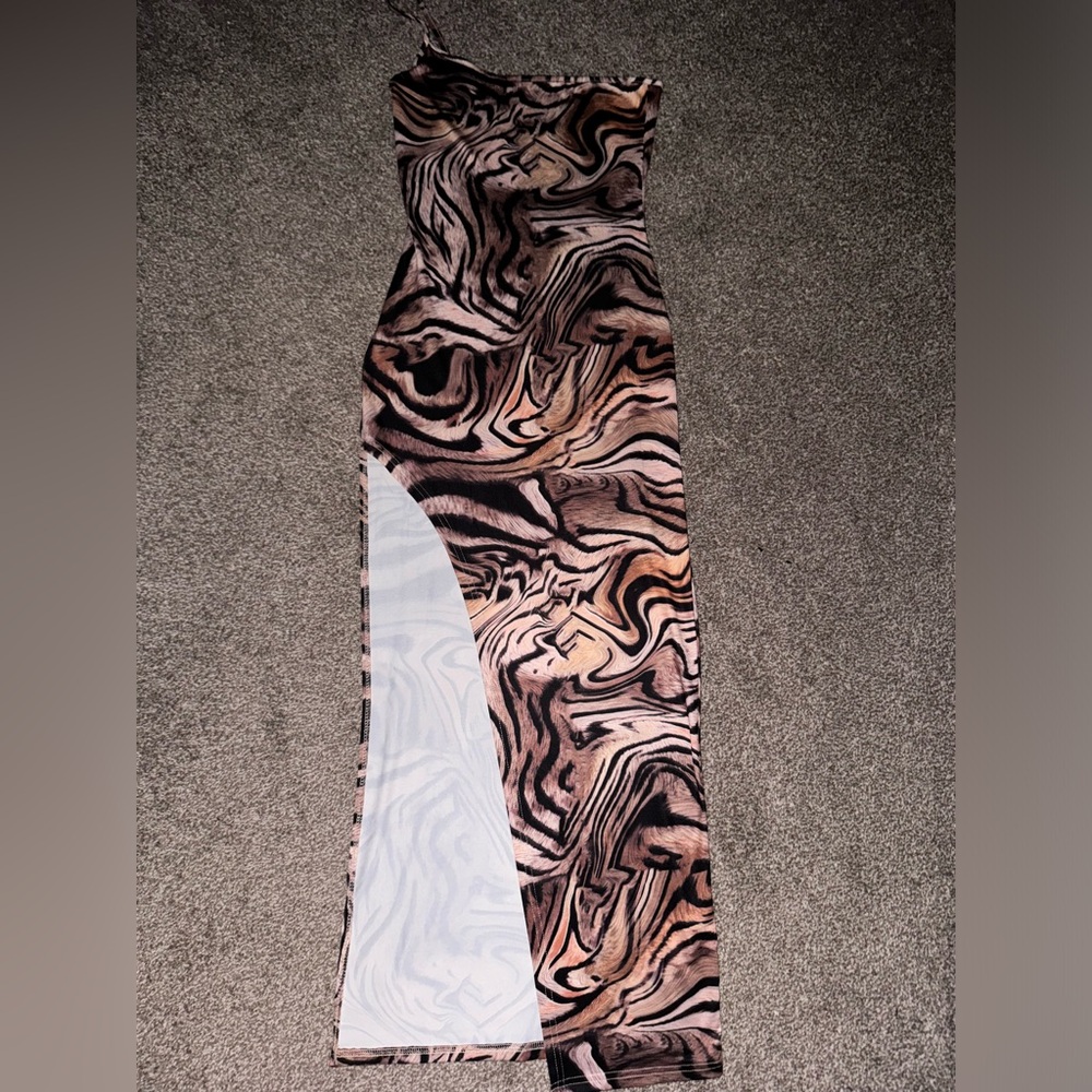 SHEIN One-Shoulder Marble Print Dress - Black, Brown, Cream